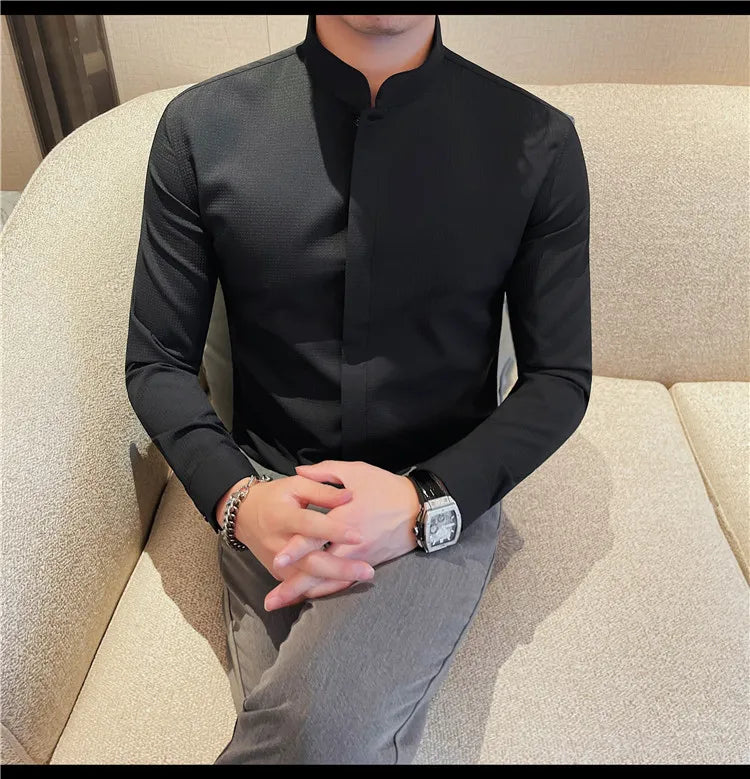 Men’s Luxury Stand Collar Shirt – Slim Fit Hidden Button Long Sleeve Business Casual Shirt