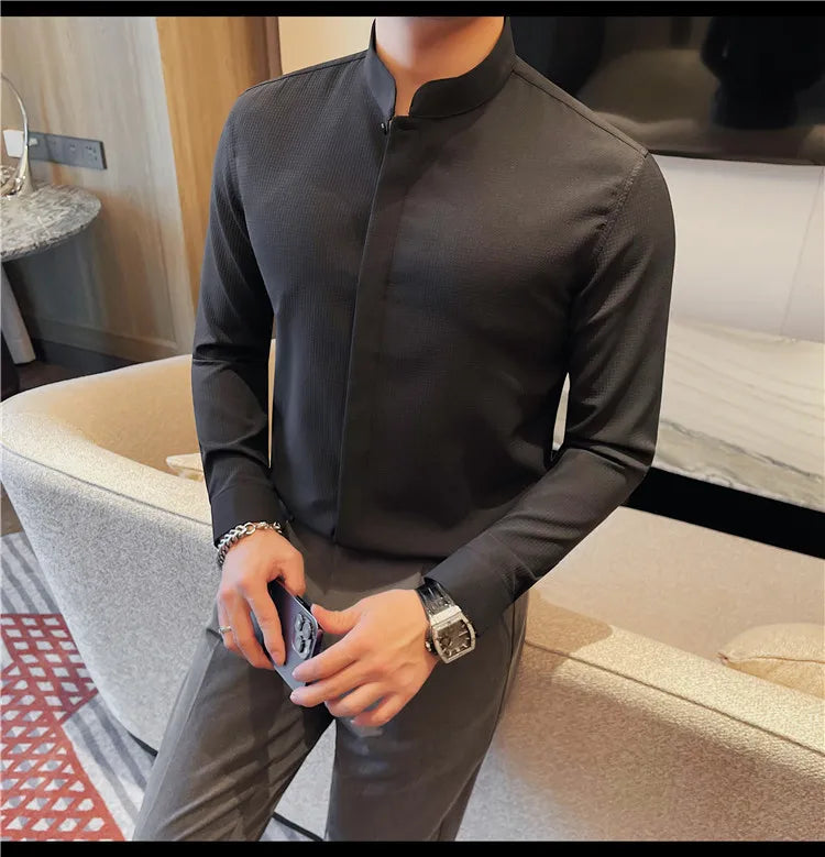 Men’s Luxury Stand Collar Shirt – Slim Fit Hidden Button Long Sleeve Business Casual Shirt