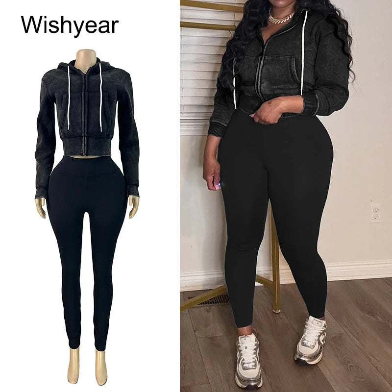 Women's Autumn Quality Washed Stretch Hooded 2-Piece Set Long Sleeve Jacket Crop Top with Leggings Warm Winter Outfit Sportswear
