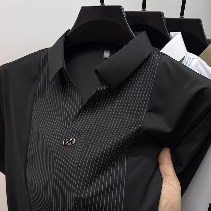 Personality patchwork stripe short sleeve polo shirt fashion brand embossed buttonless V-neck design men summer ice silk T-shirt