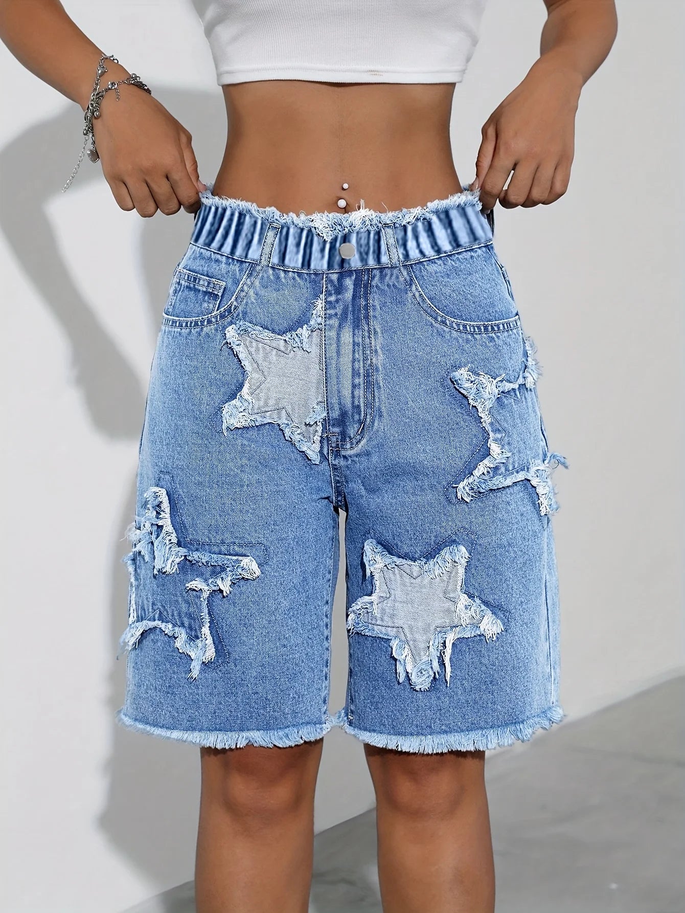 Five-Star Pattern Patchwork Denim Midrisk Trousers, with Elastic Stretch Waist.