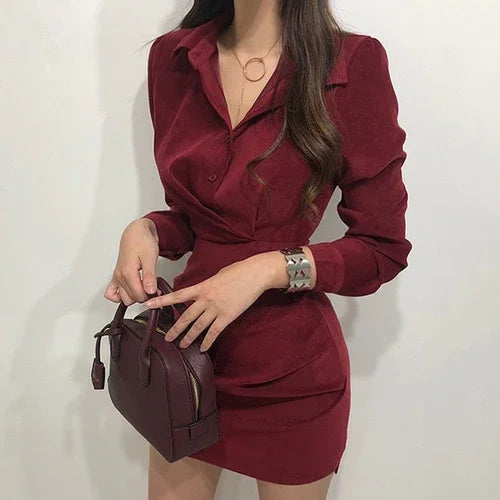 Neploe Korean Chic Tie Waist Shirt Dress – Turn-Down Collar High Waist Bodycon Midi Dress