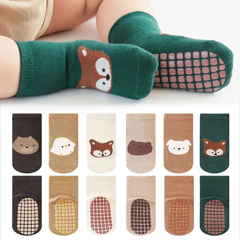 6 Pairs Kids Non-Slip Socks Cute Cartoon Fox and Bear Pattern Comfortable for Toddler